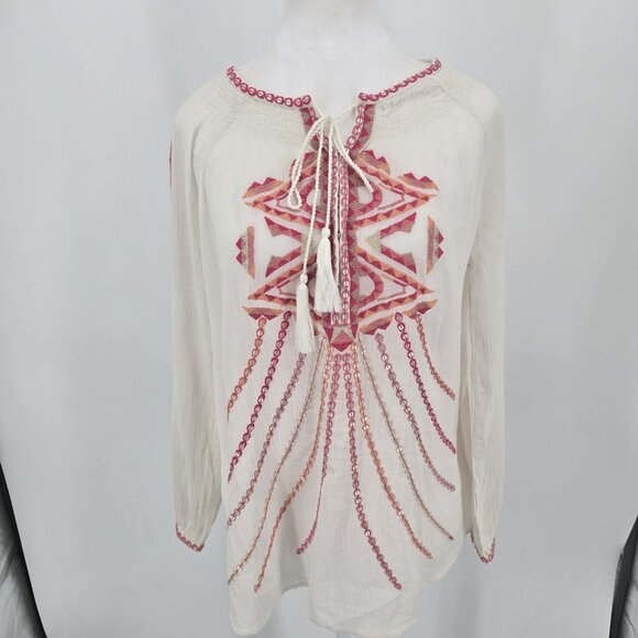 SUNDANCE Lotus Floral Embroidered Tunic Top Long Sleeve Sheer Boho Size Medium - Picture 2 of 9